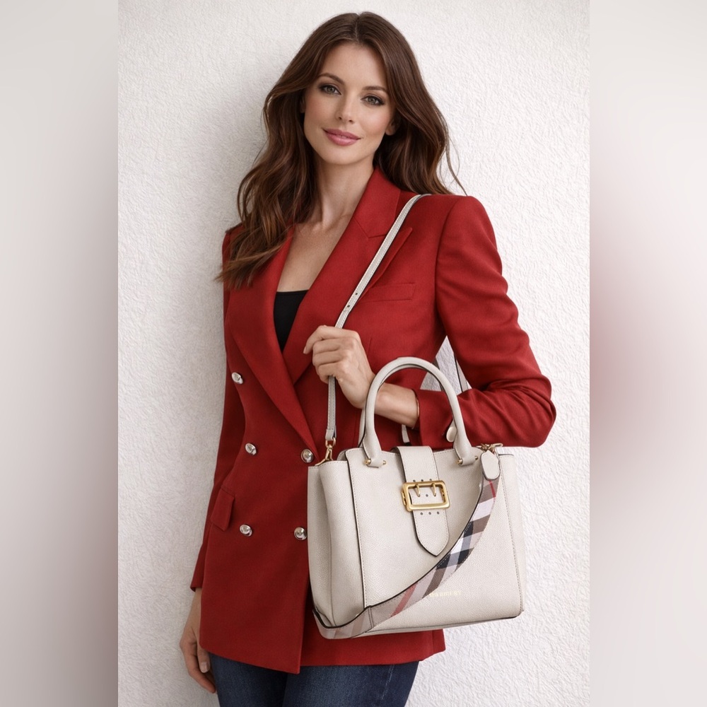 Burberry leather soft grain, medium buckle tote. Box bag cards.
